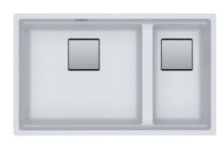 Picture of Franke Kubus Pro 1.5 Bowl Undermounted RHSB Fragranite Sink Polar White 46.5cm + 21.5cm Included Rollamat Chopping Board Stainless Steel Strainer Bowl 